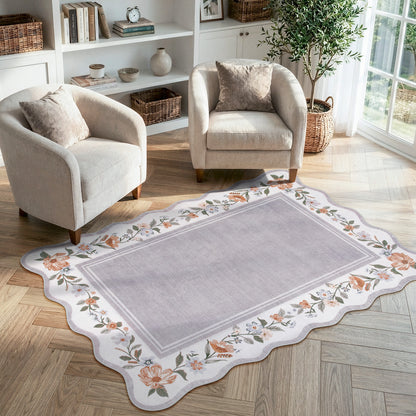 Lahome Floral Scalloped Area Rug for Living Room - Ultra-Thin Soft Washable Non-Slip Bedroom Stain Resistant Lightweight Boho Low-Pile Throw for Dining Room Office