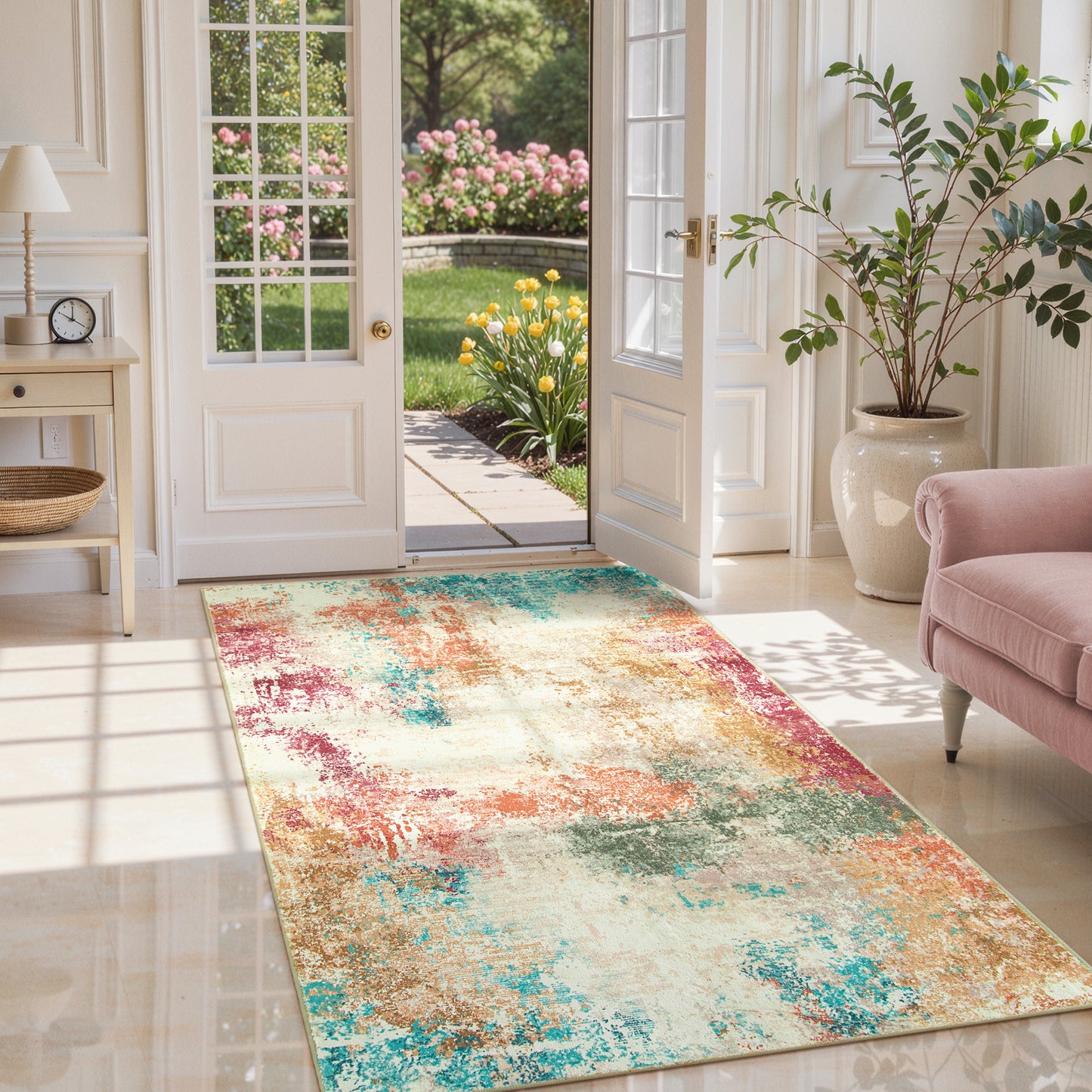 RUG ROBT Abstract Rug, Washable Bathroom Rug Non-Slip,Low-Pile Entryway Rug Indoor Mat,Soft Modern Throw Rug for Entrance Entry Kitchen Bedroom