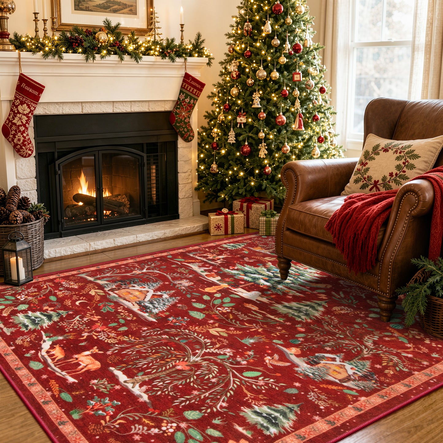 Wonnitar Christmas Washable Rug, Non Slip Christmas Entryway Area Rug, Soft Xmas Living Room Throw Rug, Ultra Thin Indoor Floor Carpet for Kitchen Bedroom Holiday Decor