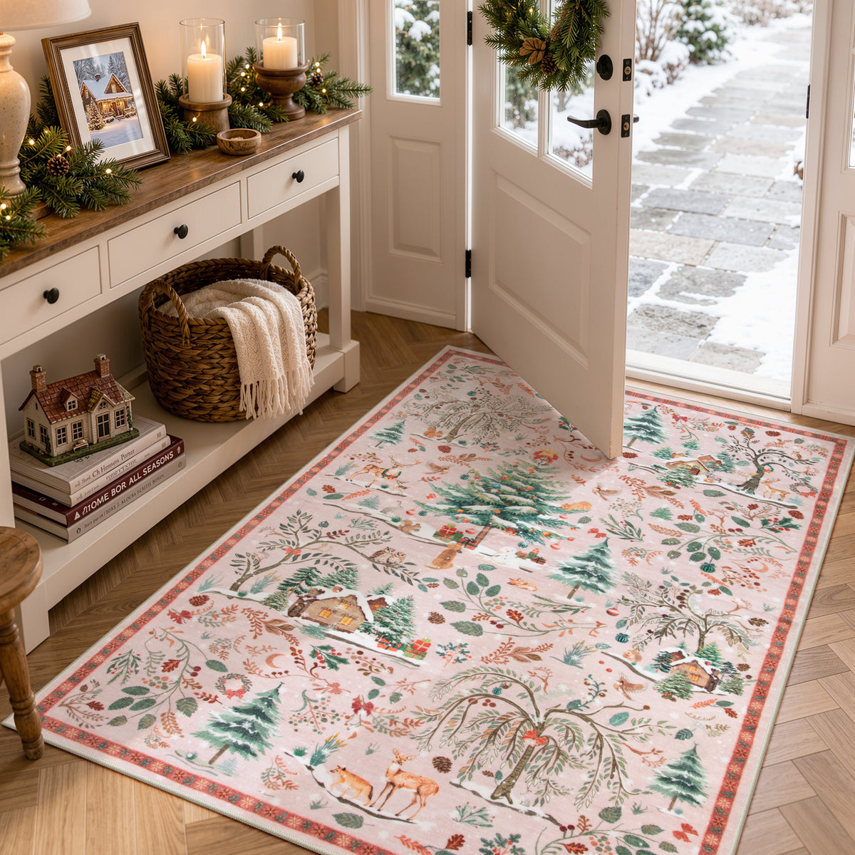 Wonnitar Christmas Washable Rug, Non Slip Christmas Entryway Area Rug, Soft Xmas Living Room Throw Rug, Ultra Thin Indoor Floor Carpet for Kitchen Bedroom Holiday Decor