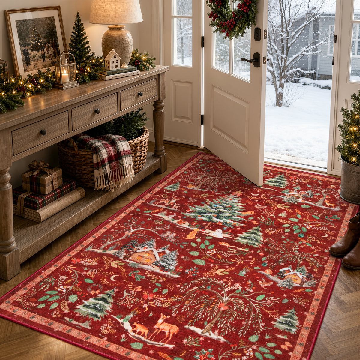 Wonnitar Christmas Washable Rug, Non Slip Christmas Entryway Area Rug, Soft Xmas Living Room Throw Rug, Ultra Thin Indoor Floor Carpet for Kitchen Bedroom Holiday Decor