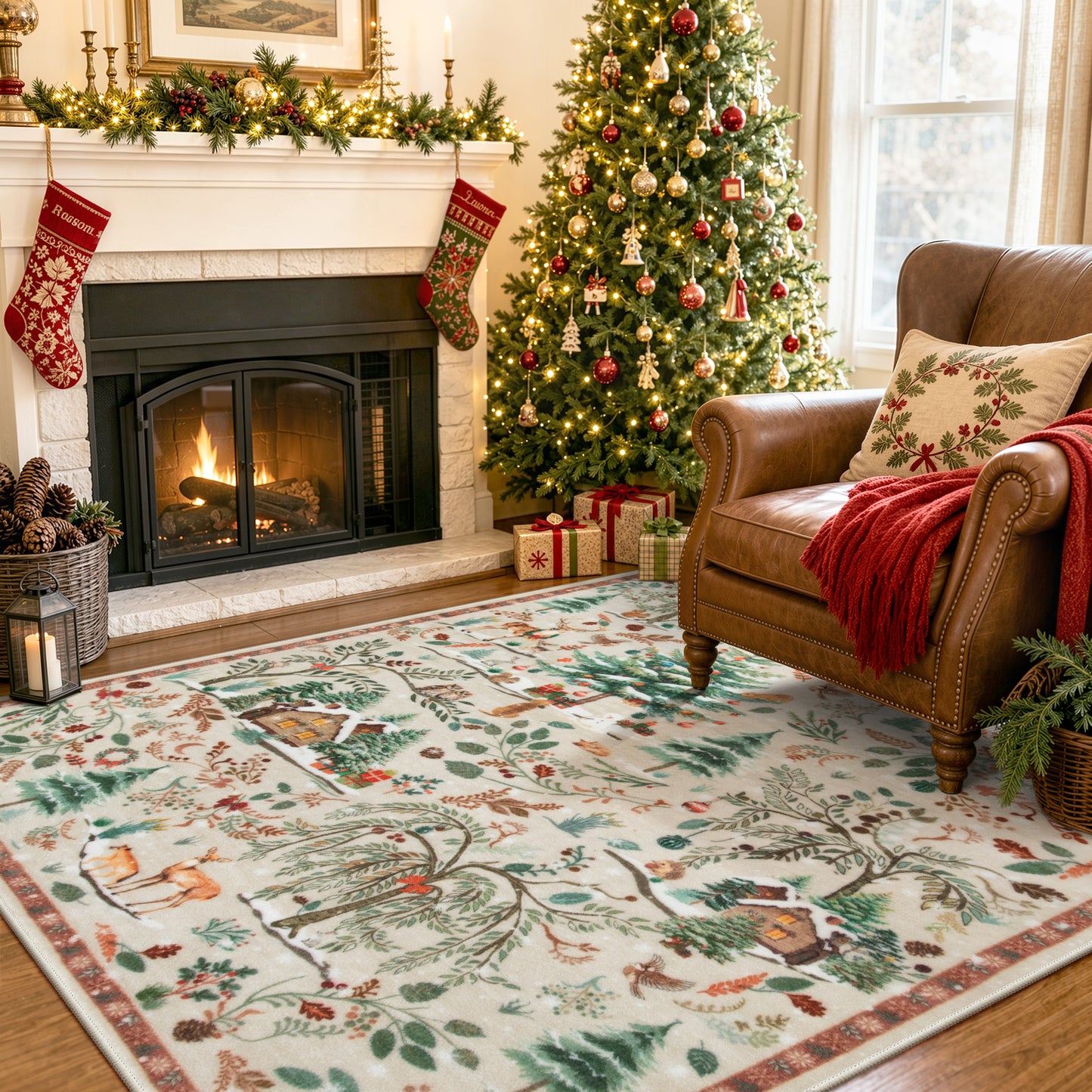 Wonnitar Christmas Washable Rug, Non Slip Christmas Entryway Area Rug, Soft Xmas Living Room Throw Rug, Ultra Thin Indoor Floor Carpet for Kitchen Bedroom Holiday Decor