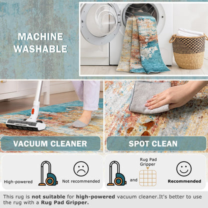 RUG ROBOT Abstract Living Room Rug 4'x6', Soft Modern Washable Area Rugs for Bedroom Non Slip, Ultra Thin Foldable Low Pile Carpet for Dining Room Kitchen Bathroom Office, Yellow/Blue