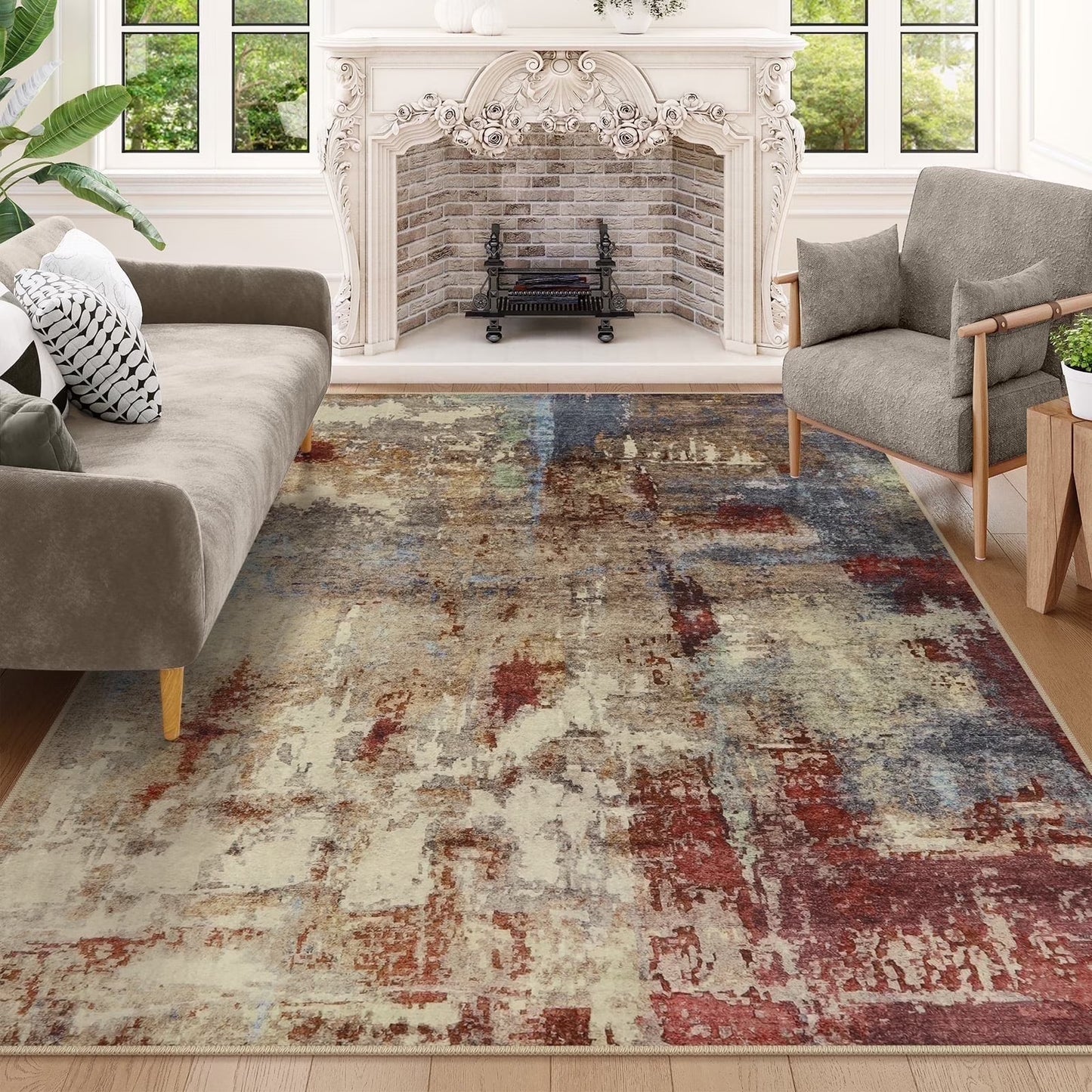 Moynesa Modern Abstract Round Rug,Gray Kitchen Rugs Soft Bedroom Circle Rugs Washable Living Room Mat, Contemporary Large Indoor Office Carpet for Mudroom Kitchen Apartment Basement