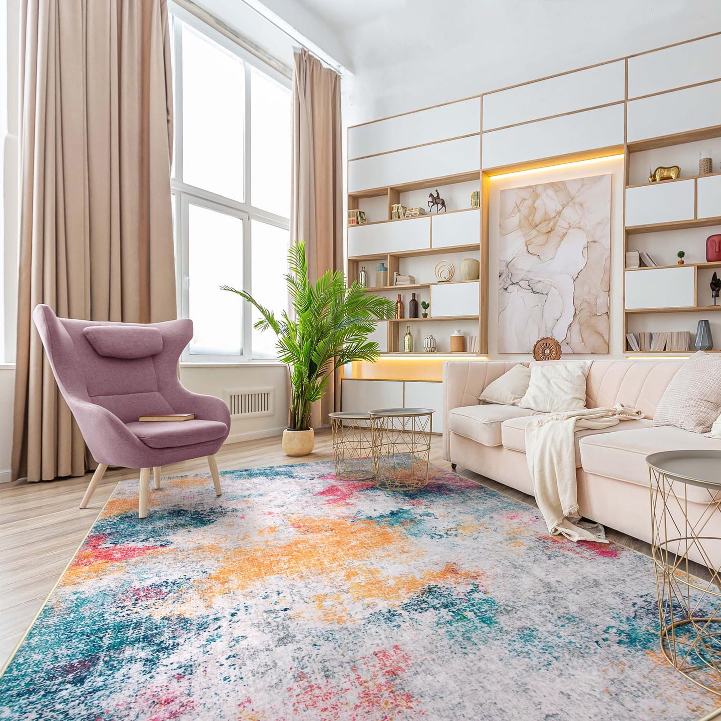 RUG ROBOT Abstract Living Room Rug, Soft Modern Washable Area Rugs for Bedroom Non Slip, Ultra Thin Foldable Low Pile Carpet for Dining Room Kitchen Bathroom Office