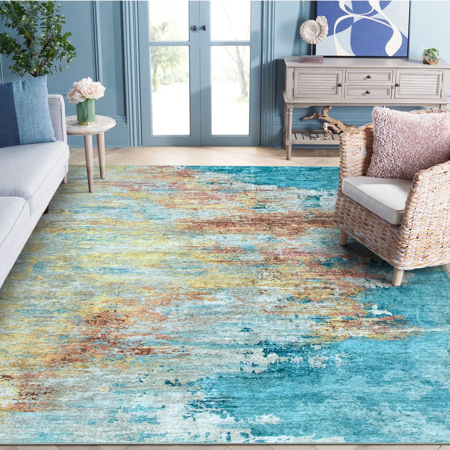 RUG ROBOT Abstract Living Room Rug, Soft Modern Washable Area Rugs for Bedroom Non Slip, Ultra Thin Foldable Low Pile Carpet for Dining Room Kitchen Bathroom Office