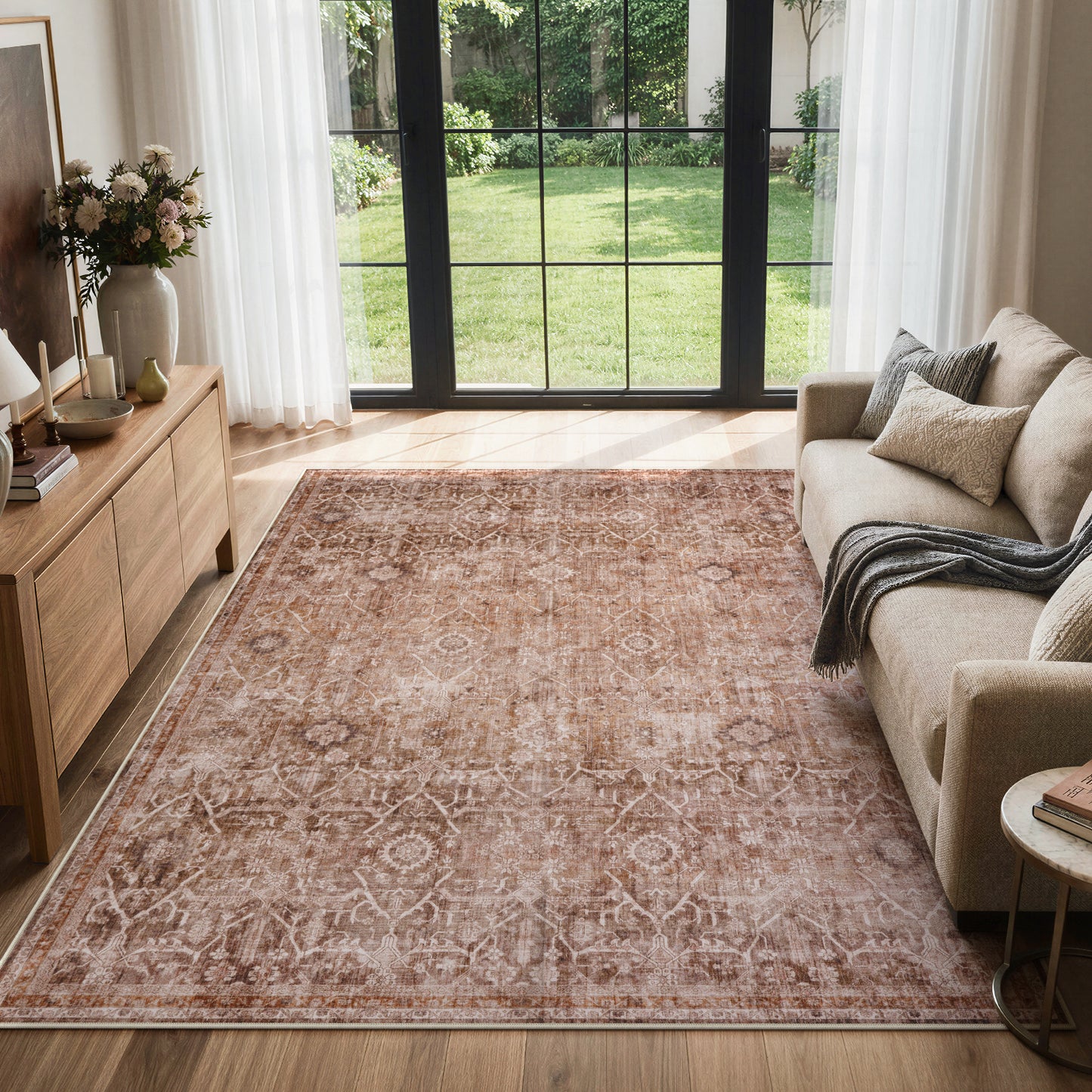 Lahome Area Rug for Living Room, Machine Washable Neutral Farmhouse Rugs for Bedroom, Soft Non-Slip Low Pile Indoor Floor Accent Carpet for Office Entryway Nursery Dining Room