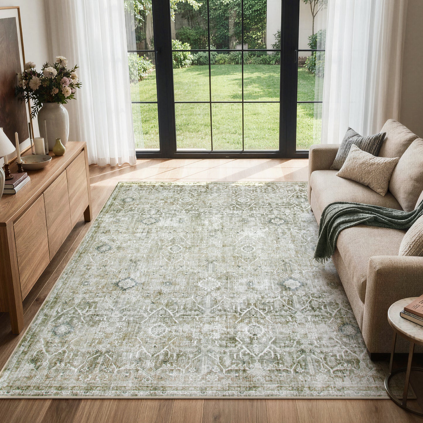 Lahome Area Rug for Living Room, Machine Washable Neutral Farmhouse Rugs for Bedroom, Soft Non-Slip Low Pile Indoor Floor Accent Carpet for Office Entryway Nursery Dining Room