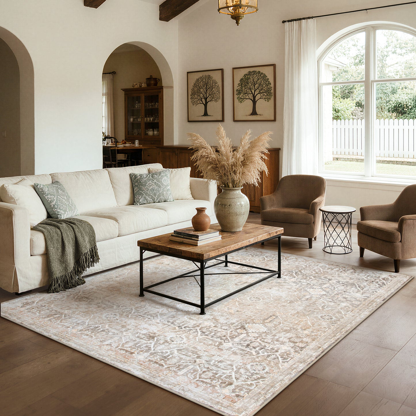 Lahome Area Rug for Living Room, Machine Washable Neutral Farmhouse Rugs for Bedroom, Soft Non-Slip Low Pile Indoor Floor Accent Carpet for Office Entryway Nursery Dining Room