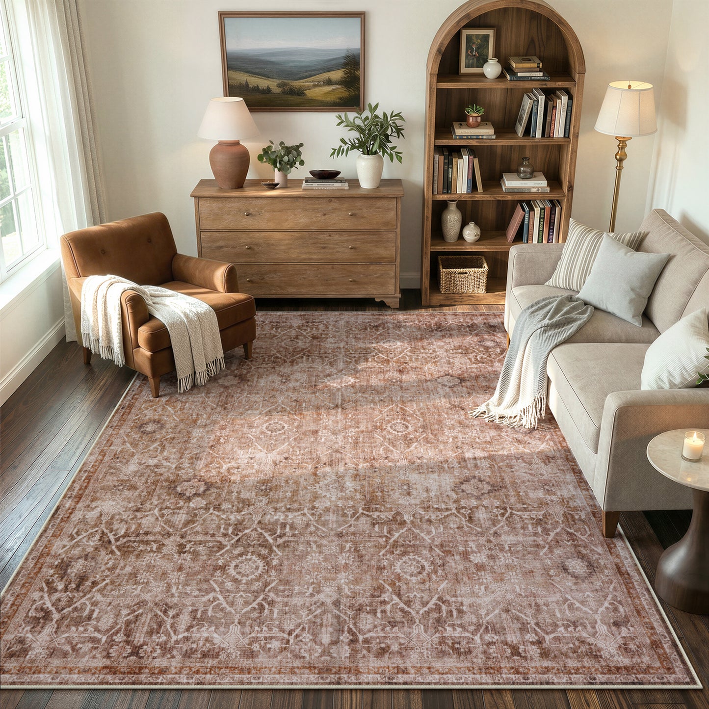 Lahome Area Rug for Living Room, Machine Washable Neutral Farmhouse Rugs for Bedroom, Soft Non-Slip Low Pile Indoor Floor Accent Carpet for Office Entryway Nursery Dining Room