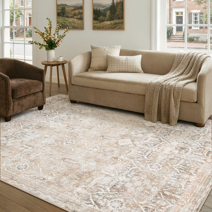 Lahome Area Rug for Living Room, Machine Washable Neutral Farmhouse Rugs for Bedroom, Soft Non-Slip Low Pile Indoor Floor Accent Carpet for Office Entryway Nursery Dining Room