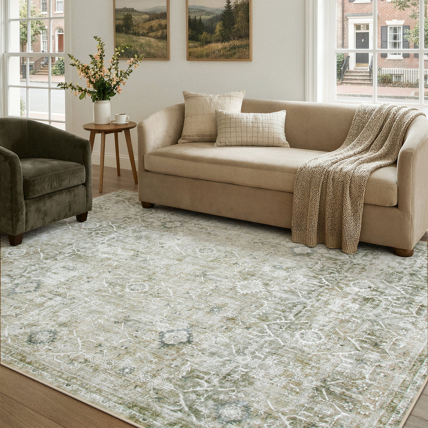 Lahome Area Rug for Living Room, Machine Washable Neutral Farmhouse Rugs for Bedroom, Soft Non-Slip Low Pile Indoor Floor Accent Carpet for Office Entryway Nursery Dining Room