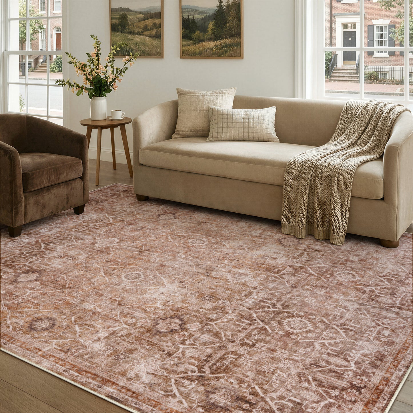 Lahome Area Rug for Living Room, Machine Washable Neutral Farmhouse Rugs for Bedroom, Soft Non-Slip Low Pile Indoor Floor Accent Carpet for Office Entryway Nursery Dining Room