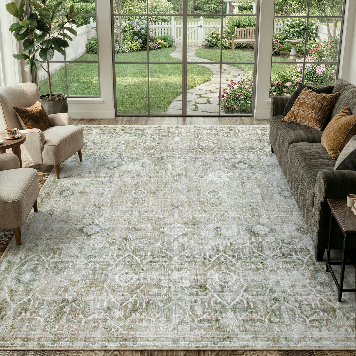 Lahome Area Rug for Living Room, Machine Washable Neutral Farmhouse Rugs for Bedroom, Soft Non-Slip Low Pile Indoor Floor Accent Carpet for Office Entryway Nursery Dining Room