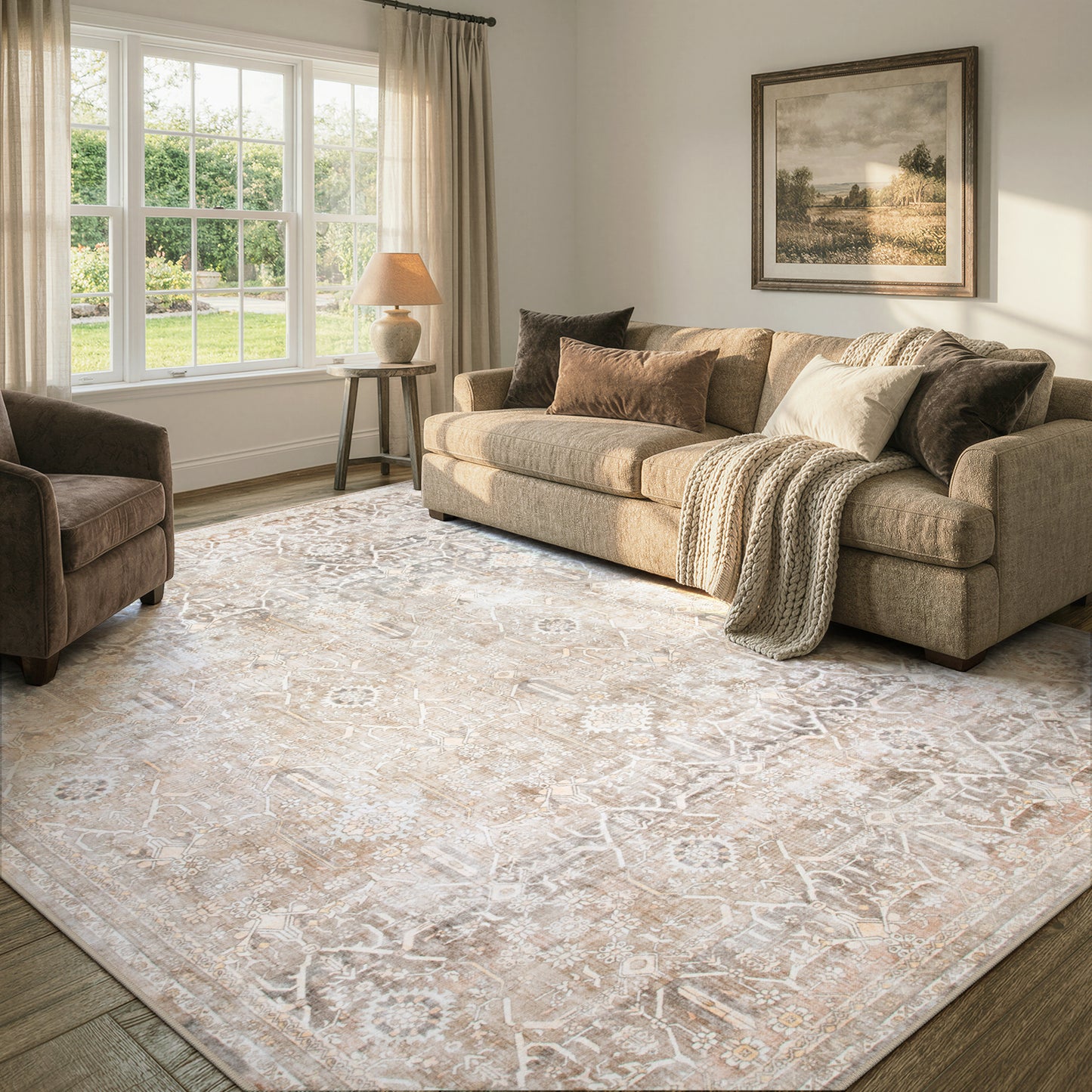 Lahome Area Rug for Living Room, Machine Washable Neutral Farmhouse Rugs for Bedroom, Soft Non-Slip Low Pile Indoor Floor Accent Carpet for Office Entryway Nursery Dining Room