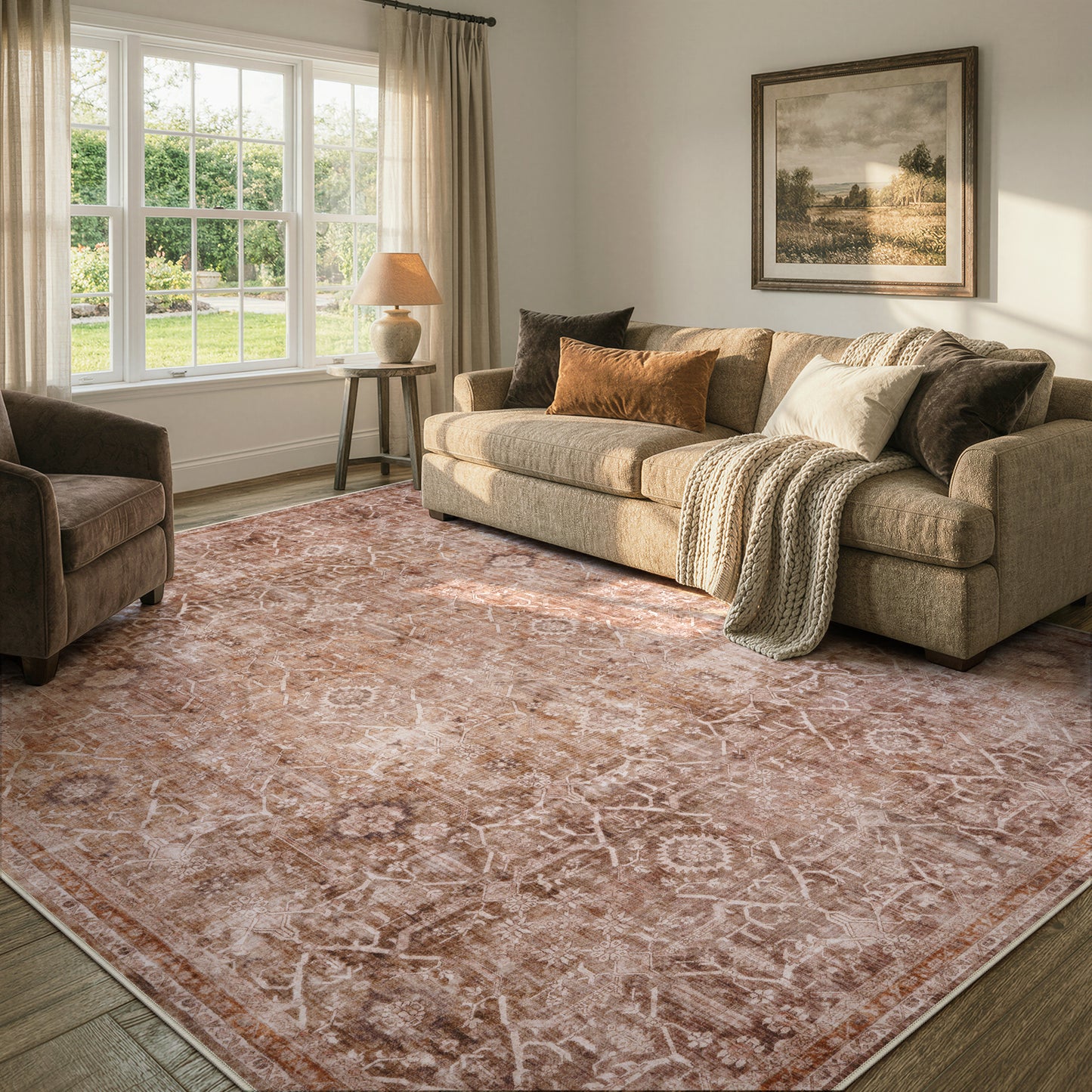 Lahome Area Rug for Living Room, Machine Washable Neutral Farmhouse Rugs for Bedroom, Soft Non-Slip Low Pile Indoor Floor Accent Carpet for Office Entryway Nursery Dining Room