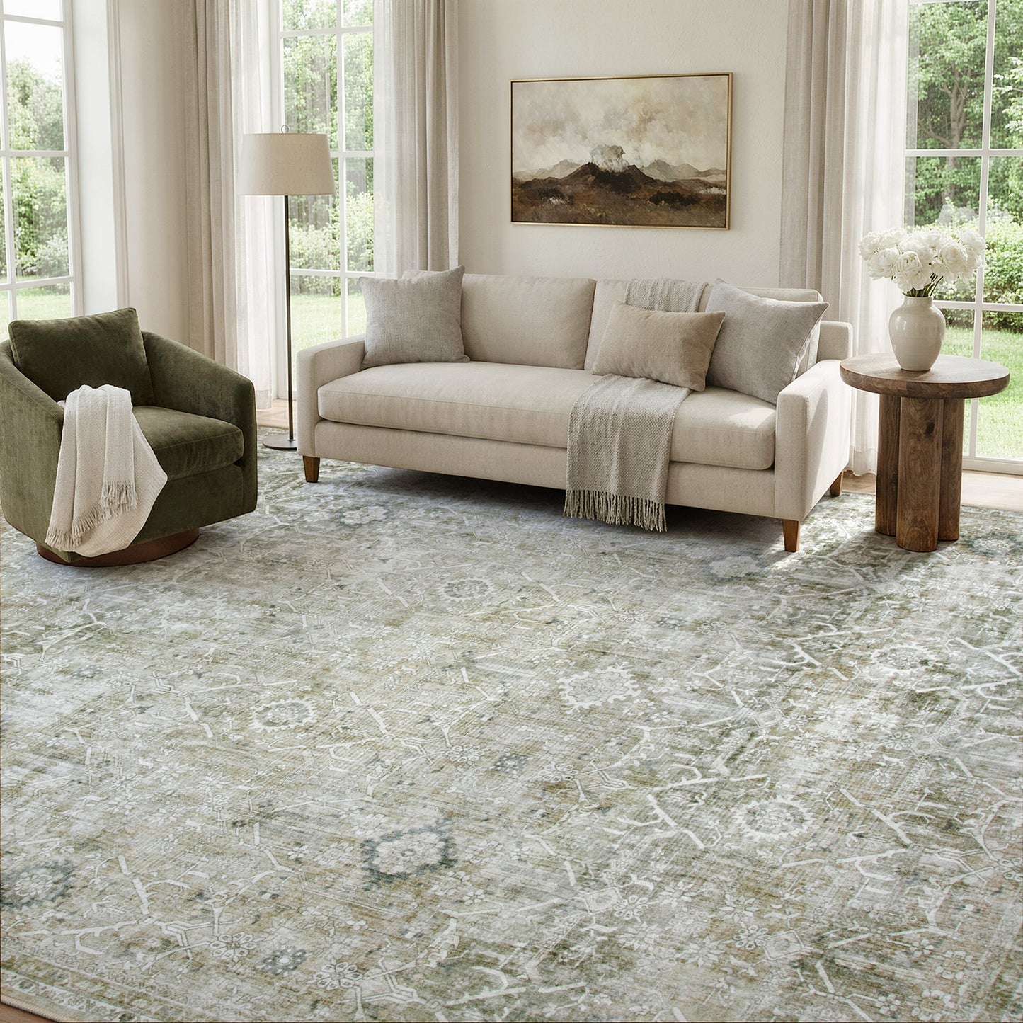Lahome Area Rug for Living Room, Machine Washable Neutral Farmhouse Rugs for Bedroom, Soft Non-Slip Low Pile Indoor Floor Accent Carpet for Office Entryway Nursery Dining Room