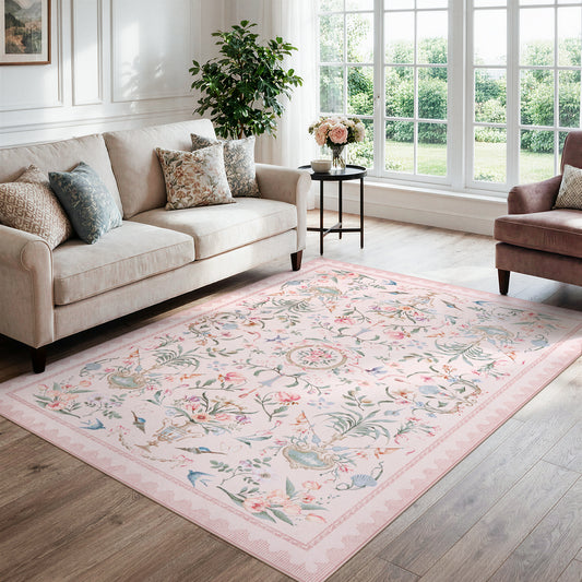 Lahome Decor Area Rug, Floral Washable Rugs for Living Room, Non Slip Soft Ultra-Thin Indoor Decor Elegant Carpet Vintage Flower Rug Indoor for Bedroom Dining Room
