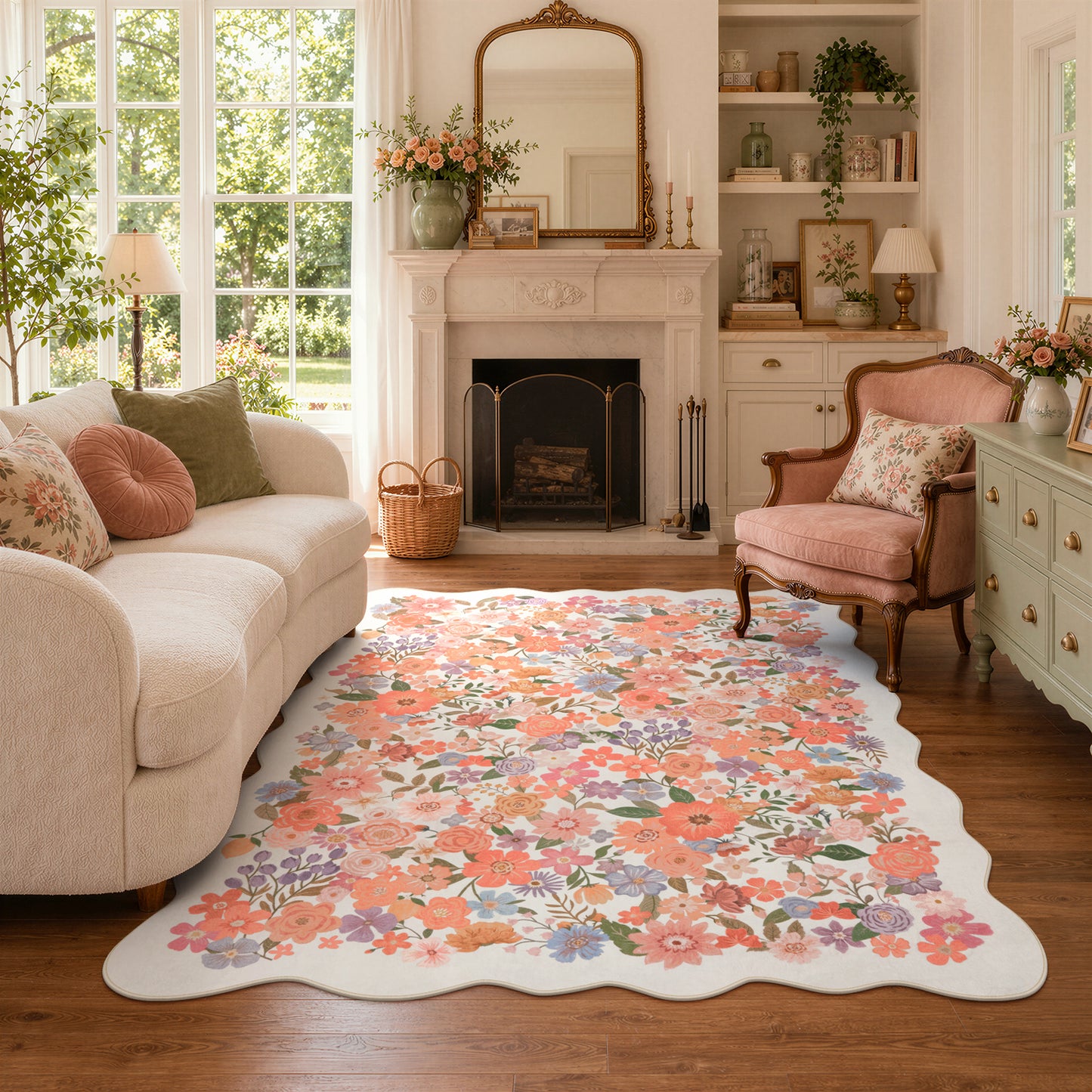 Lahome Floral Area Rug for Living Room ,Non Slip Rugs Machine Washable ,Indoor Floral Rug Low Pile Boho Rug for Bedroom Dining Room Office Farmhouse