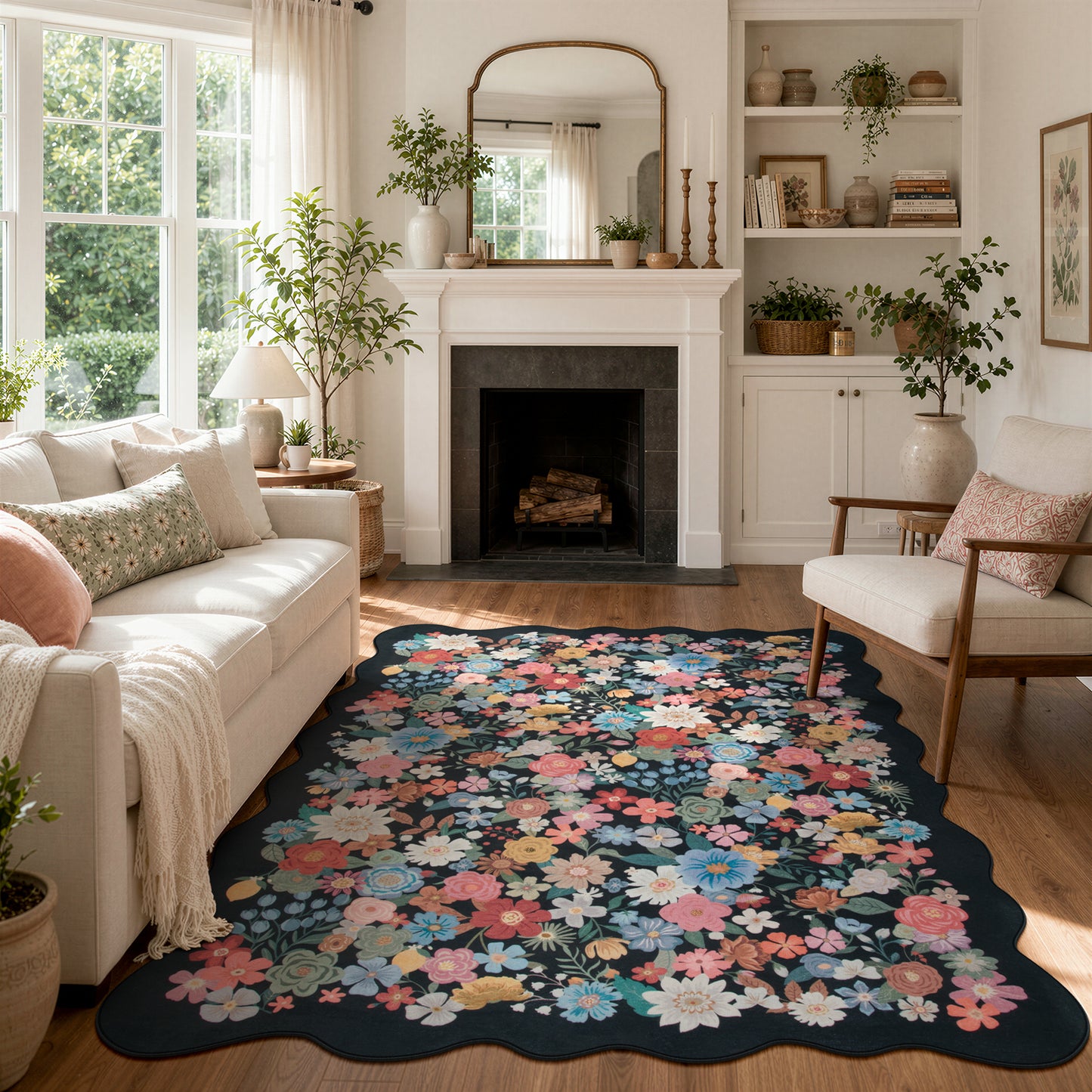 Lahome Floral Area Rug for Living Room ,Non Slip Rugs Machine Washable ,Indoor Floral Rug Low Pile Boho Rug for Bedroom Dining Room Office Farmhouse