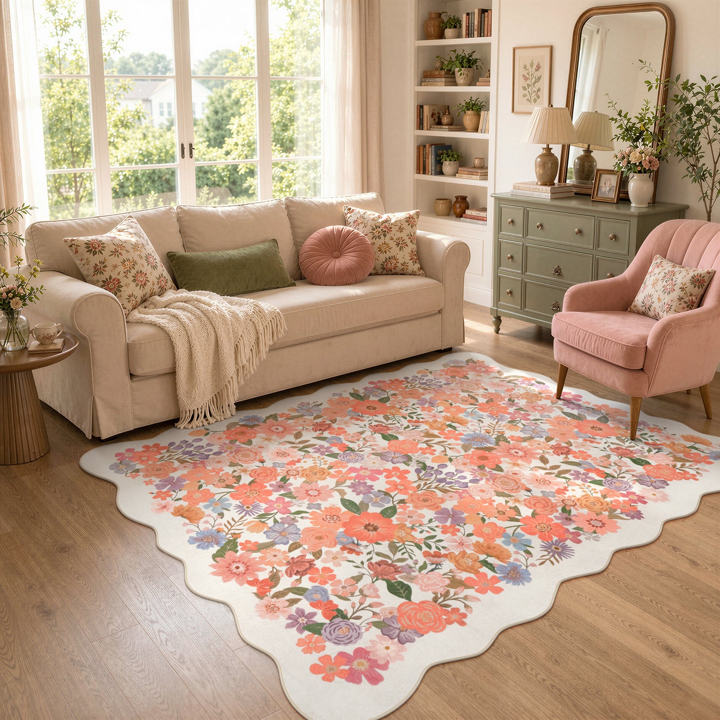 Lahome Floral Area Rug for Living Room ,Non Slip Rugs Machine Washable ,Indoor Floral Rug Low Pile Boho Rug for Bedroom Dining Room Office Farmhouse