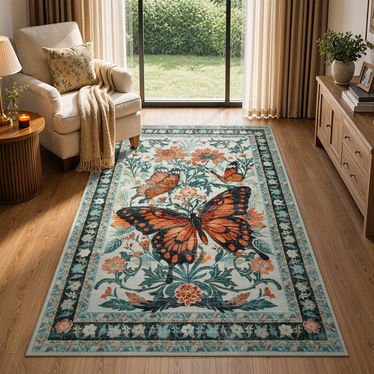 Lahome Decor Butterfly Bedroom Rug,Area Rugs Rugs for Living Room, Non-Slip Washable Rugs Stain Resistant Boho Floral Rug Low-Pile Throw Rug for ‎Dining Room Office