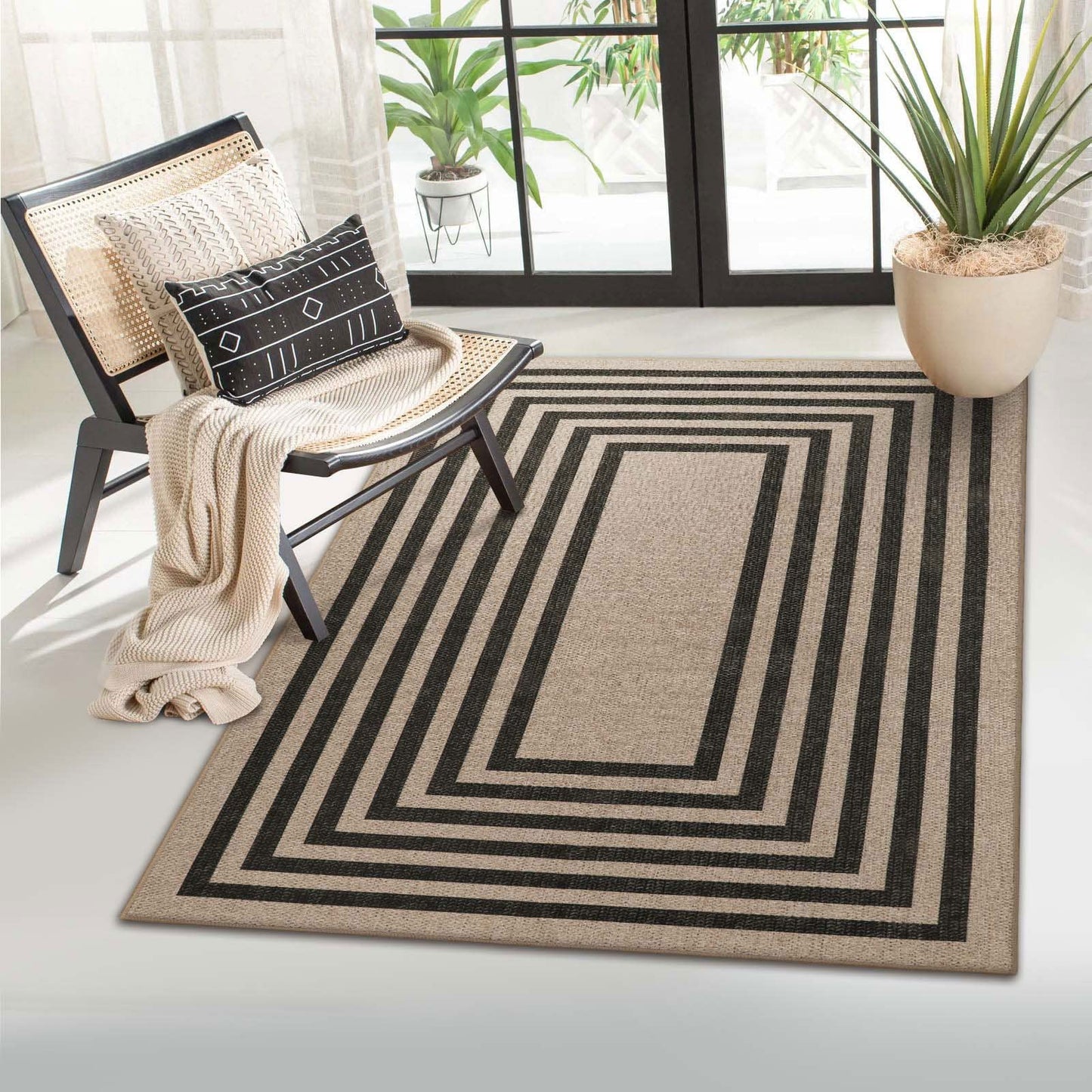 RUG ROBOT Modern Geometric Easy Jute Outdoor Rug, Black Washable Kitchen Rugs for Bedroom Thin Non Slip Indoor Door Mat, Non Slip Farmhouse Carpet for Office Patio