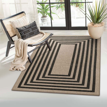 RUG ROBOT Modern Geometric Easy Jute Outdoor Rug, Black Washable Kitchen Rugs for Bedroom Thin Non Slip Indoor Door Mat, Non Slip Farmhouse Carpet for Office Patio