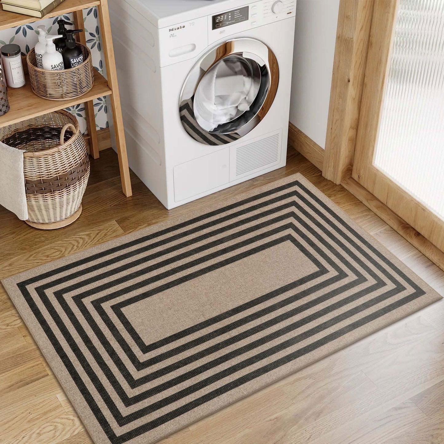 RUG ROBOT Modern Geometric Easy Jute Outdoor Rug, Black Washable Kitchen Rugs for Bedroom Thin Non Slip Indoor Door Mat, Non Slip Farmhouse Carpet for Office Patio