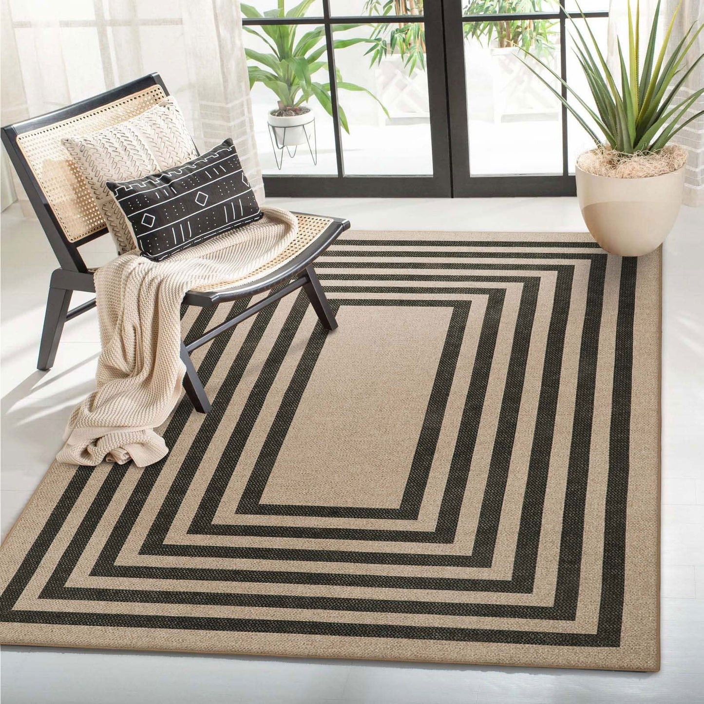 RUG ROBOT Modern Geometric Easy Jute Outdoor Rug, Black Washable Kitchen Rugs for Bedroom Thin Non Slip Indoor Door Mat, Non Slip Farmhouse Carpet for Office Patio
