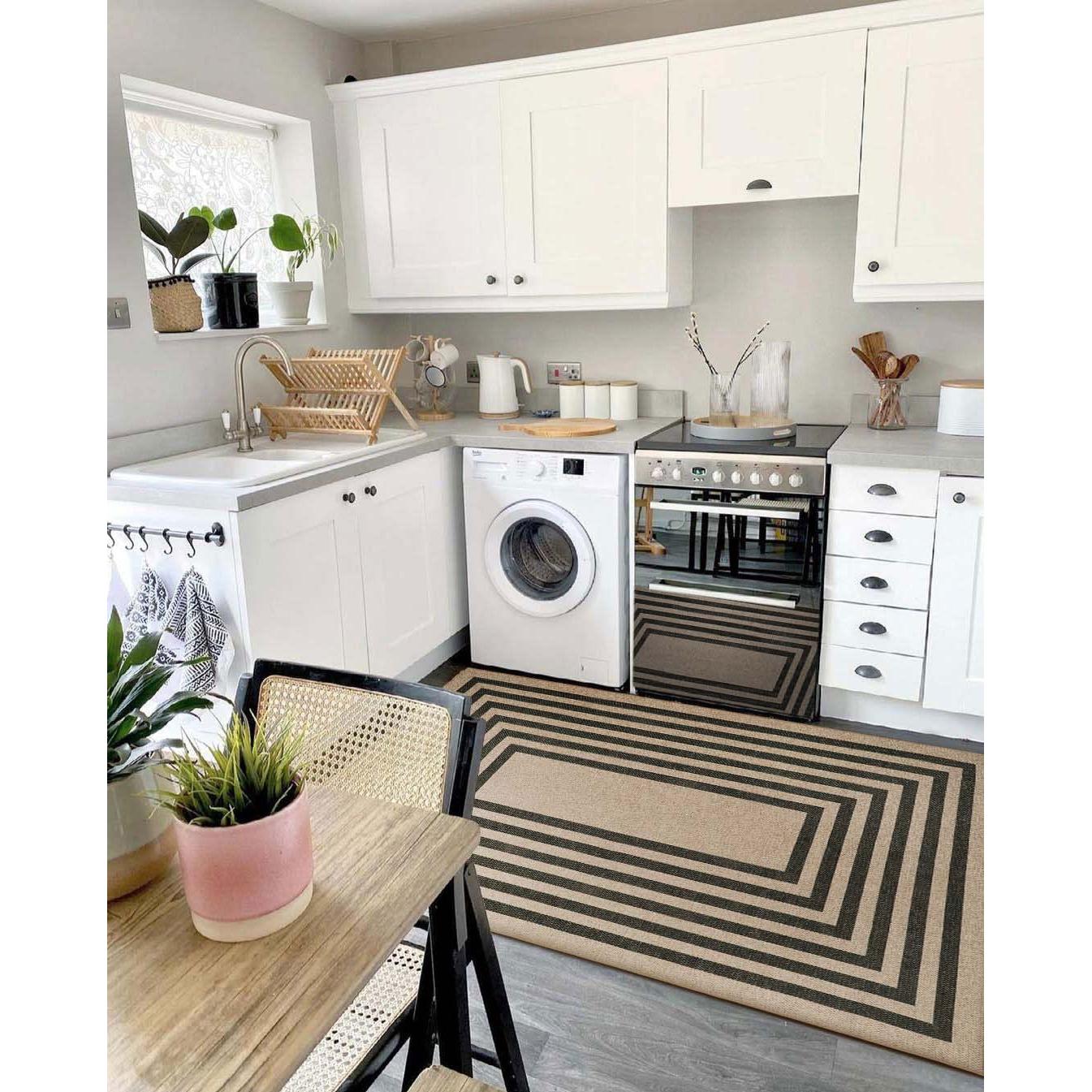 RUG ROBOT Modern Geometric Easy Jute Outdoor Rug, Black Washable Kitchen Rugs for Bedroom Thin Non Slip Indoor Door Mat, Non Slip Farmhouse Carpet for Office Patio