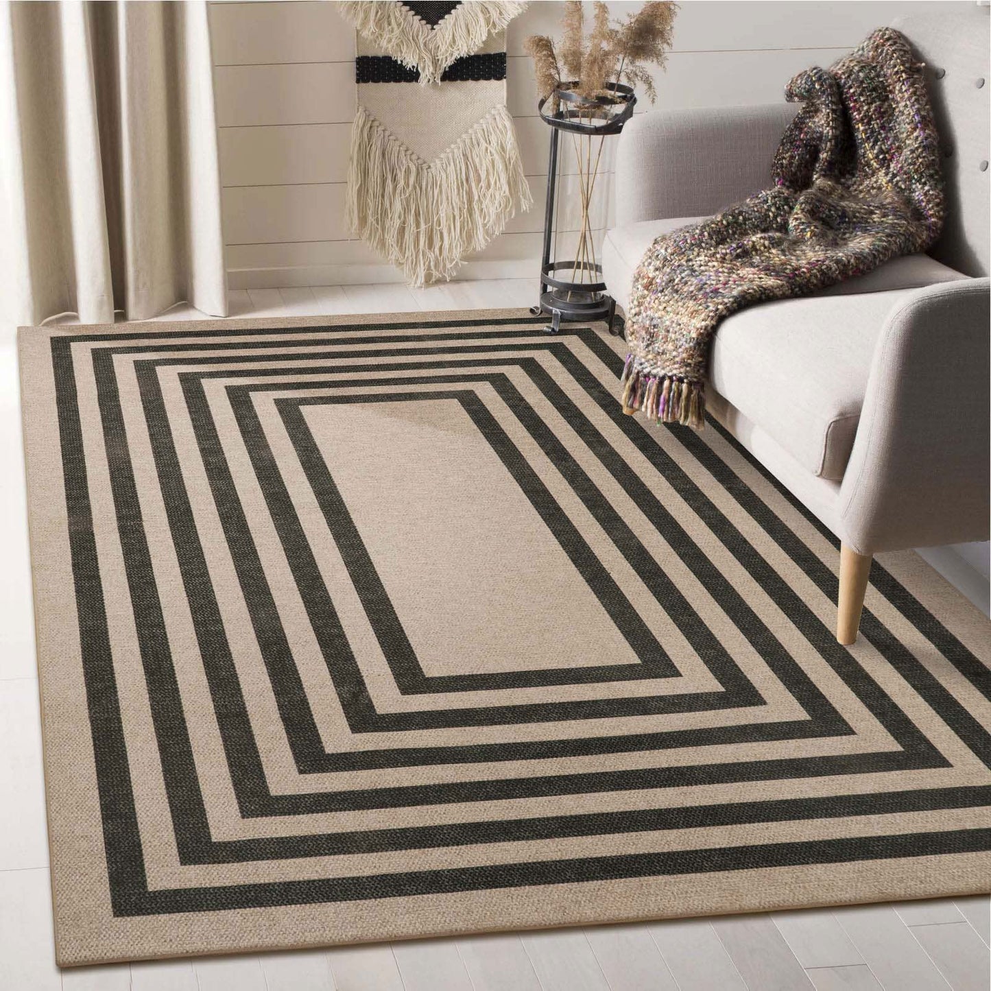 RUG ROBOT Modern Geometric Easy Jute Outdoor Rug, Black Washable Kitchen Rugs for Bedroom Thin Non Slip Indoor Door Mat, Non Slip Farmhouse Carpet for Office Patio