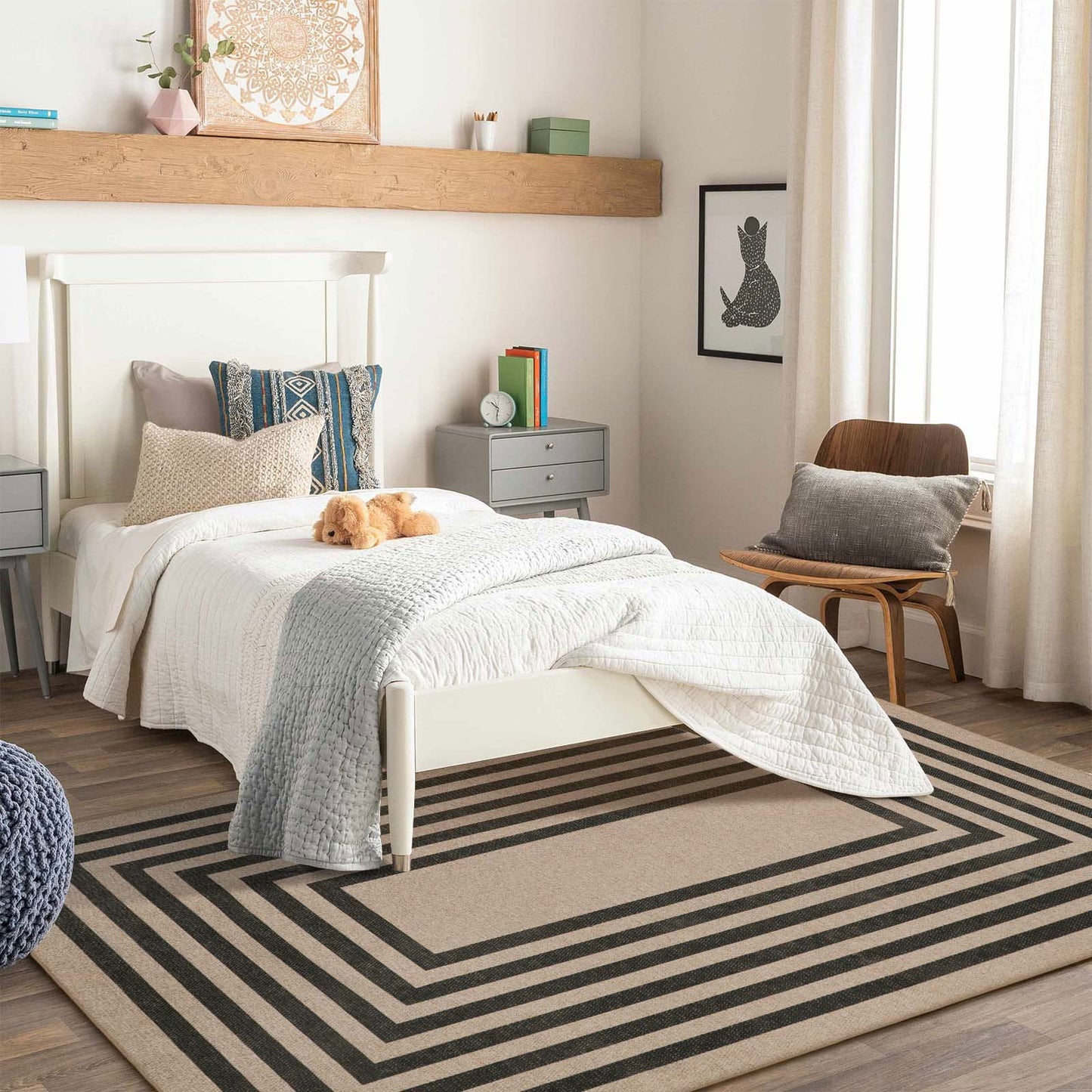 RUG ROBOT Modern Geometric Easy Jute Outdoor Rug, Black Washable Kitchen Rugs for Bedroom Thin Non Slip Indoor Door Mat, Non Slip Farmhouse Carpet for Office Patio