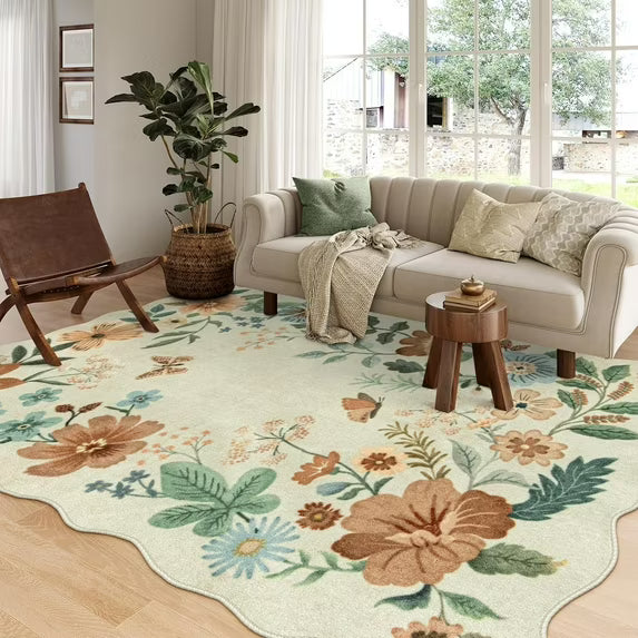 Moynesa Floral Washable Area Rugs, Soft Bedroom Large Rug for Living Room Ultra-Thin Non Slip Dining Room Rug, Stain Resistant Boho Rugs Easy Clean Throw Carpet for Office