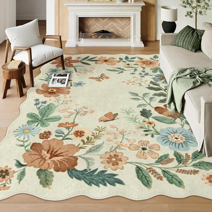 Moynesa Floral Washable Area Rugs, Soft Bedroom Large Rug for Living Room Ultra-Thin Non Slip Dining Room Rug, Stain Resistant Boho Rugs Easy Clean Throw Carpet for Office