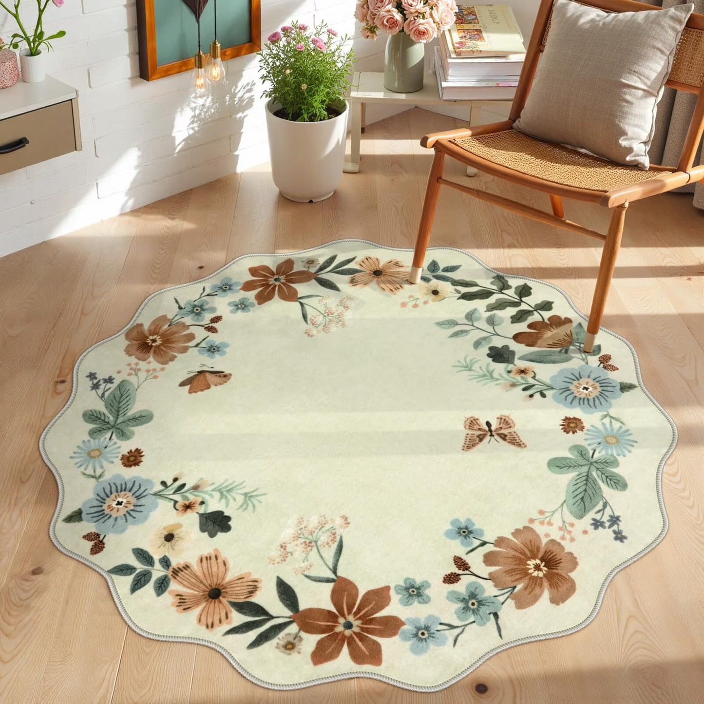 Moynesa Floral Washable Area Rugs, Soft Bedroom Large Rug for Living Room Ultra-Thin Non Slip Dining Room Rug, Stain Resistant Boho Rugs Easy Clean Throw Carpet for Office