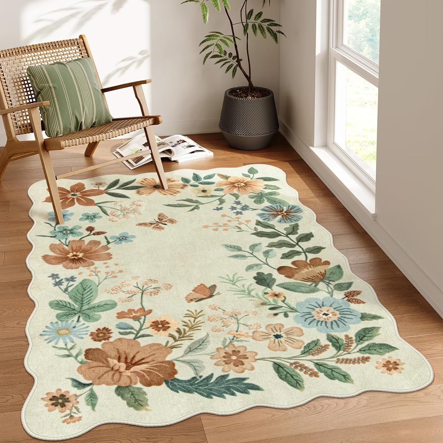 Moynesa Floral Washable Area Rugs, Soft Bedroom Large Rug for Living Room Ultra-Thin Non Slip Dining Room Rug, Stain Resistant Boho Rugs Easy Clean Throw Carpet for Office