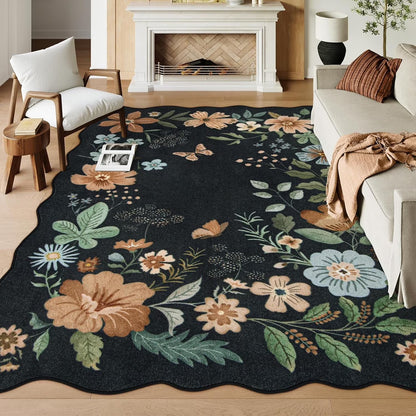 Moynesa Floral Washable Area Rugs, Soft Bedroom Large Rug for Living Room Ultra-Thin Non Slip Dining Room Rug, Stain Resistant Boho Rugs Easy Clean Throw Carpet for Office