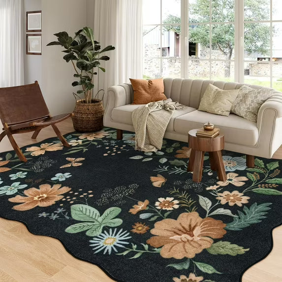 Moynesa Floral Washable Area Rugs, Soft Bedroom Large Rug for Living Room Ultra-Thin Non Slip Dining Room Rug, Stain Resistant Boho Rugs Easy Clean Throw Carpet for Office