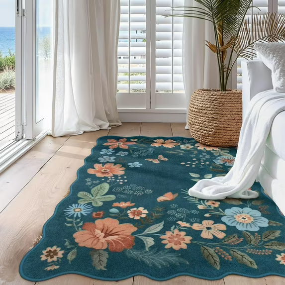 Moynesa Floral Washable Area Rugs, Soft Bedroom Large Rug for Living Room Ultra-Thin Non Slip Dining Room Rug, Stain Resistant Boho Rugs Easy Clean Throw Carpet for Office