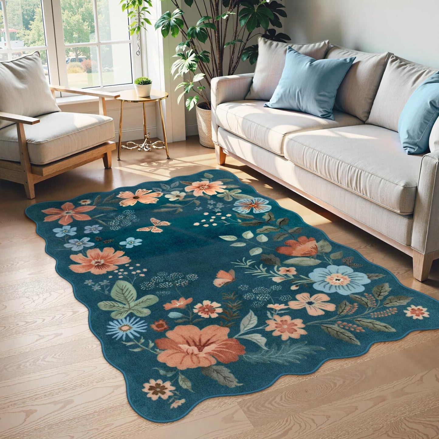 Moynesa Floral Washable Area Rugs, Soft Bedroom Large Rug for Living Room Ultra-Thin Non Slip Dining Room Rug, Stain Resistant Boho Rugs Easy Clean Throw Carpet for Office