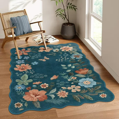 Moynesa Floral Washable Area Rugs, Soft Bedroom Large Rug for Living Room Ultra-Thin Non Slip Dining Room Rug, Stain Resistant Boho Rugs Easy Clean Throw Carpet for Office