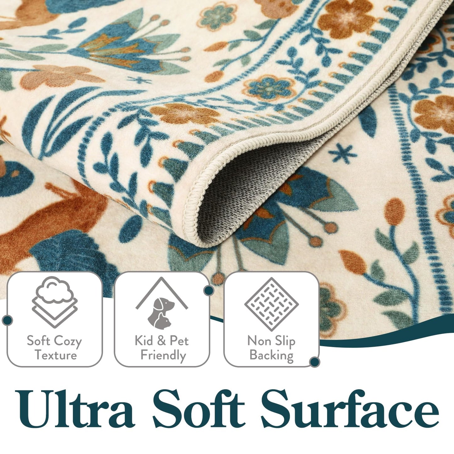 Lahome Decor Boho Bird Area Rugs,Floral Rug for Living Room Machine Washable,Soft Indoor Carpet,Non-Slip Low Pile for Bedroom Dining Room Playroom Office