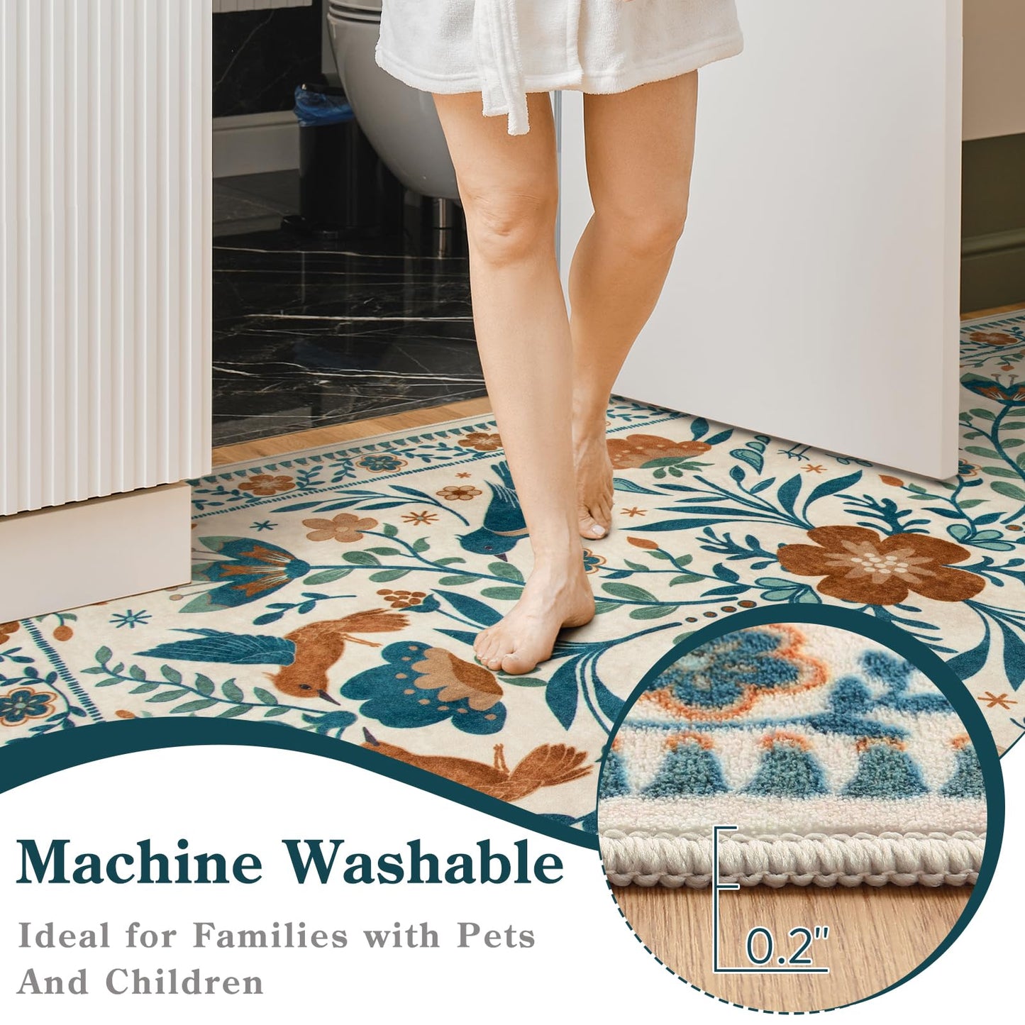 Lahome Decor Boho Bird Area Rugs,Floral Rug for Living Room Machine Washable,Soft Indoor Carpet,Non-Slip Low Pile for Bedroom Dining Room Playroom Office