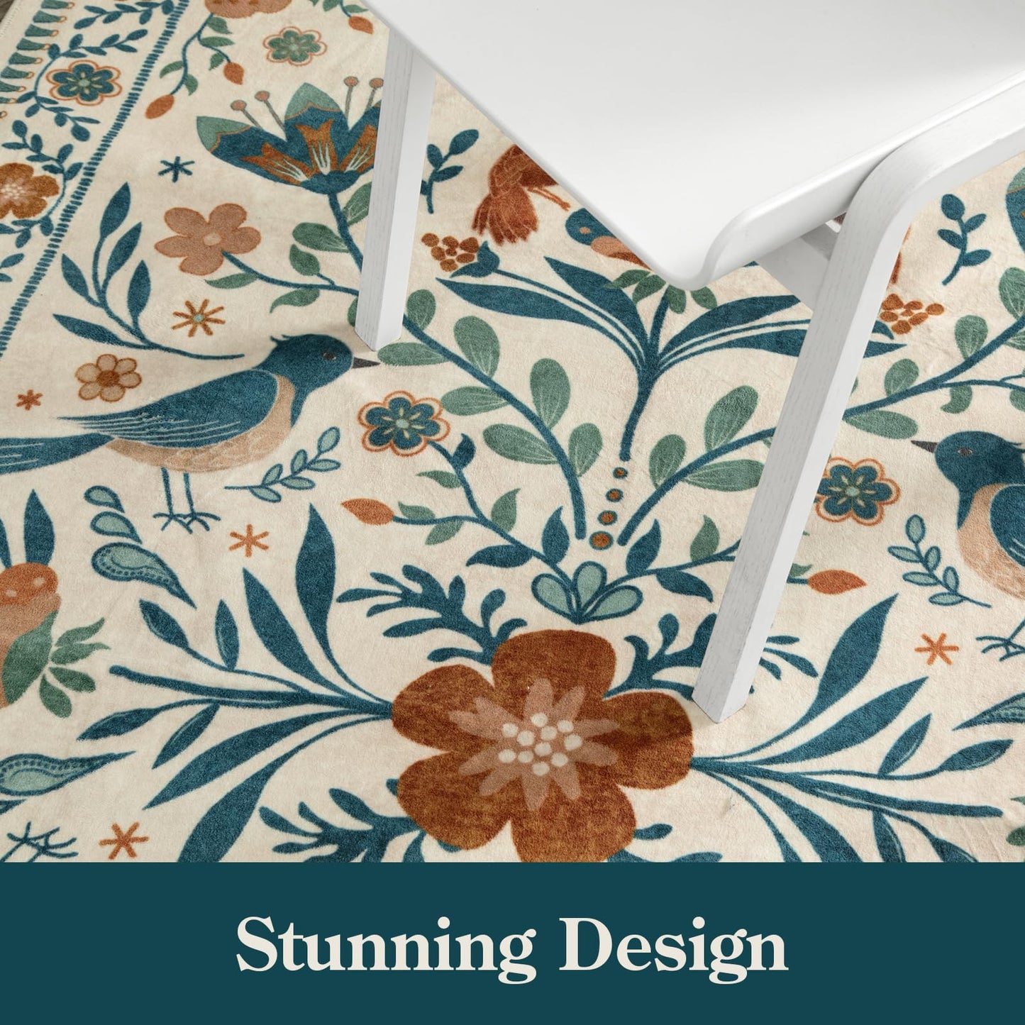 Lahome Decor Boho Bird Area Rugs,Floral Rug for Living Room Machine Washable,Soft Indoor Carpet,Non-Slip Low Pile for Bedroom Dining Room Playroom Office