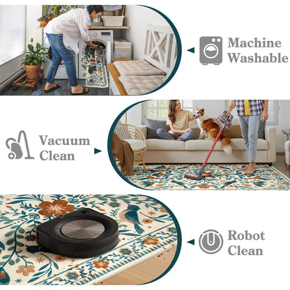 Lahome Decor Boho Bird Area Rugs,Floral Rug for Living Room Machine Washable,Soft Indoor Carpet,Non-Slip Low Pile for Bedroom Dining Room Playroom Office