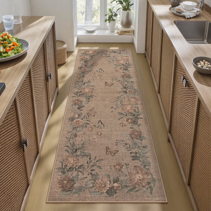 SUNDEREY Floral Easy Jute Rug,Area Rug Washable Bedroom Rug,Easy Jute Indoor Outdoor Carpet, Farmhouse Non Slip Khaki Floor Rug for Dining Room Office Entrance Kitchen