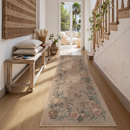 SUNDEREY Floral Easy Jute Rug,Area Rug Washable Bedroom Rug,Easy Jute Indoor Outdoor Carpet, Farmhouse Non Slip Khaki Floor Rug for Dining Room Office Entrance Kitchen