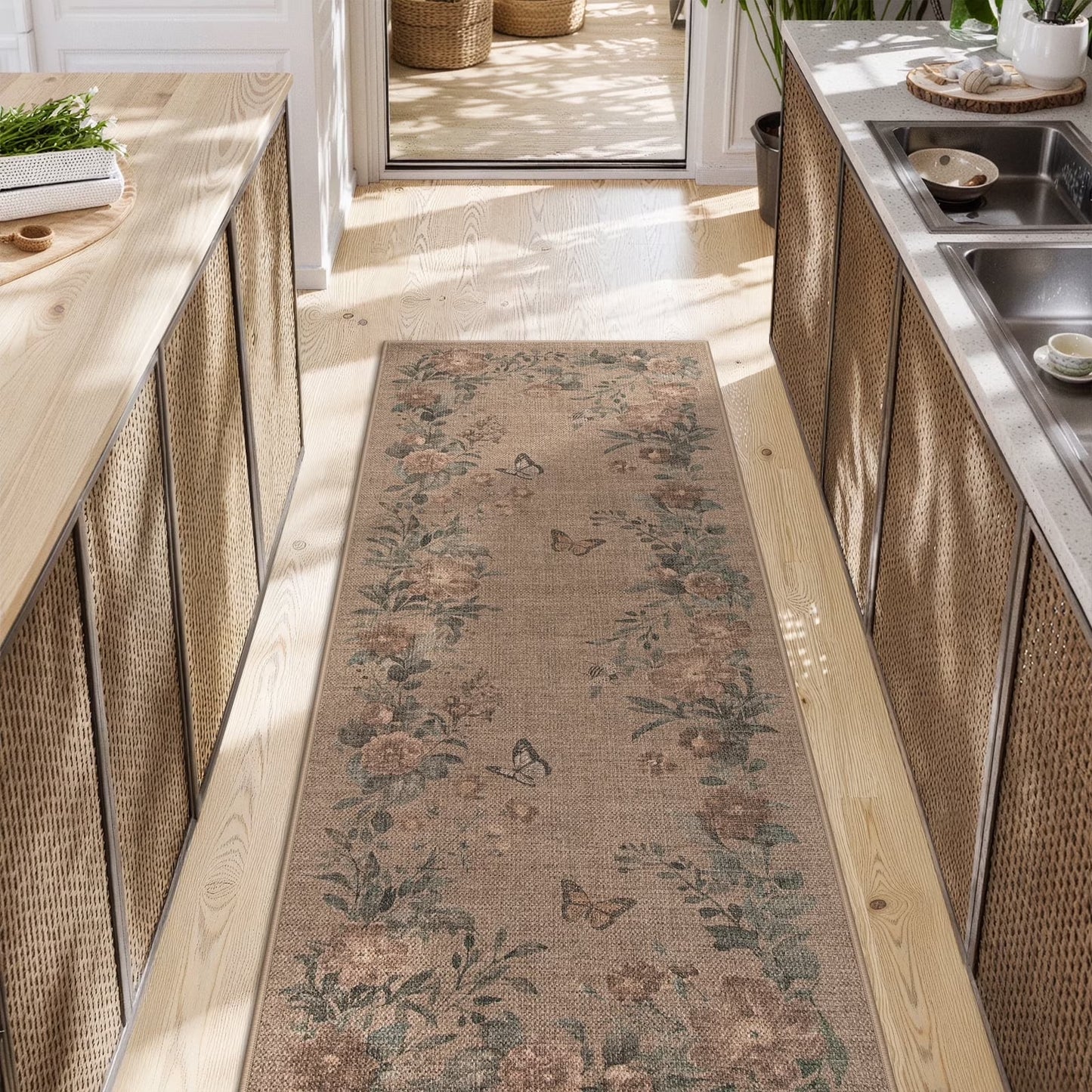 SUNDEREY Floral Easy Jute Rug,Area Rug Washable Bedroom Rug,Easy Jute Indoor Outdoor Carpet, Farmhouse Non Slip Khaki Floor Rug for Dining Room Office Entrance Kitchen