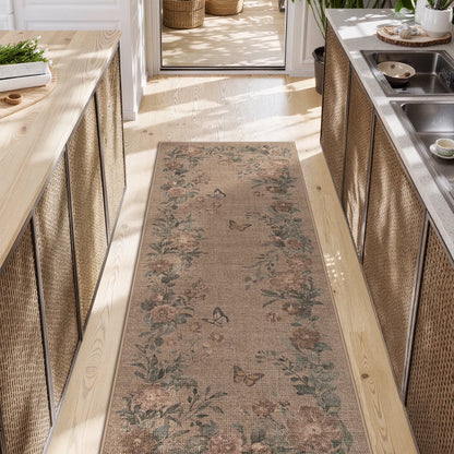 SUNDEREY Floral Easy Jute Rug,Area Rug Washable Bedroom Rug,Easy Jute Indoor Outdoor Carpet, Farmhouse Non Slip Khaki Floor Rug for Dining Room Office Entrance Kitchen